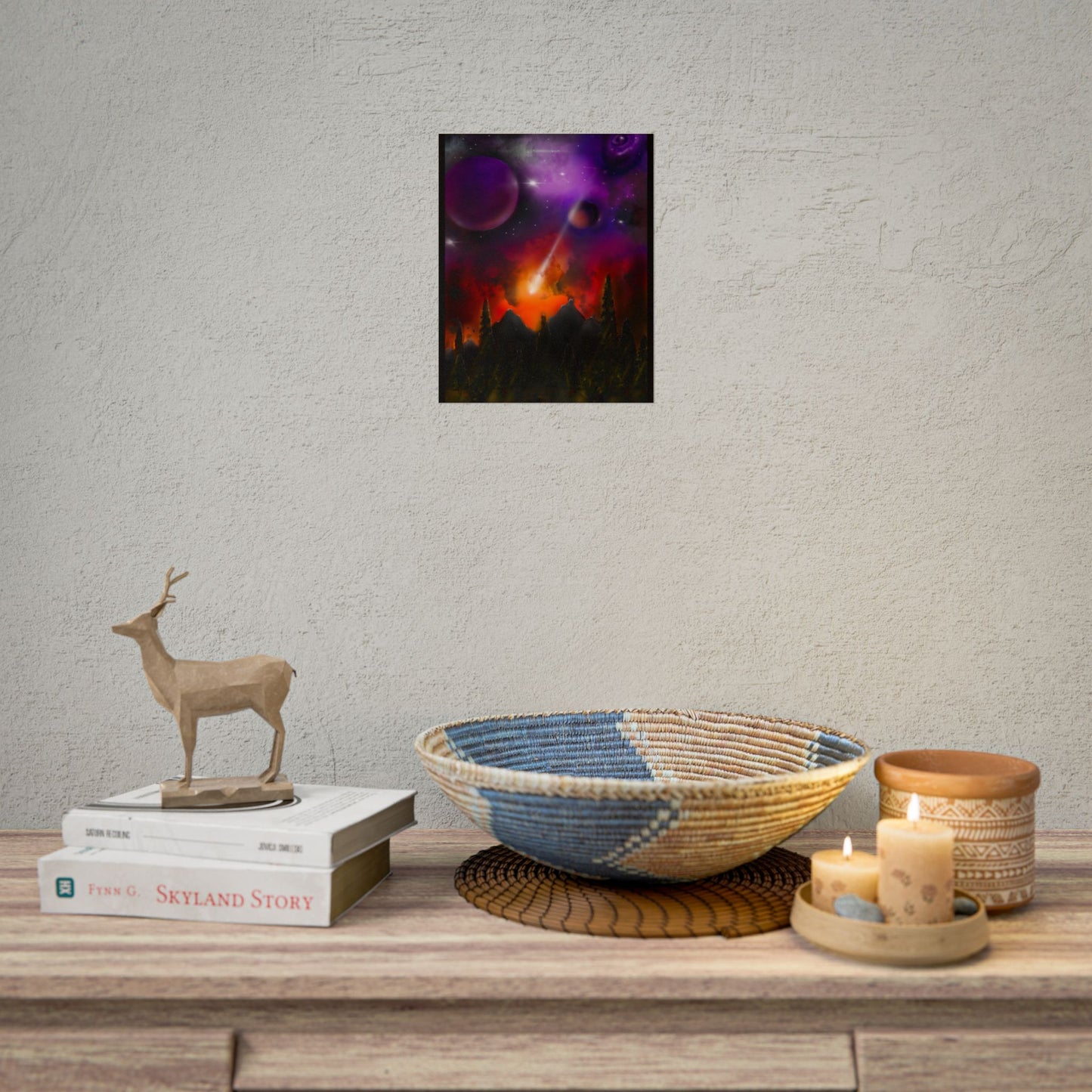Cosmic Disaster by Darrell Wickline Poster - Purple Nebula, Meteor Shower Landscape Wall Art