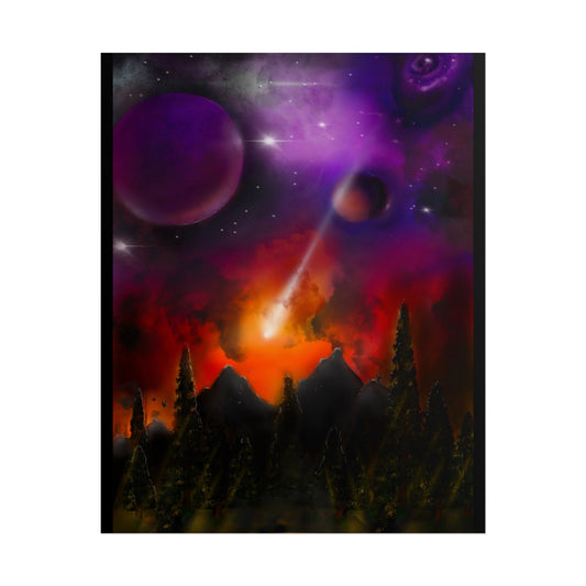 Cosmic Disaster by Darrell Wickline Poster - Purple Nebula, Meteor Shower Landscape Wall Art