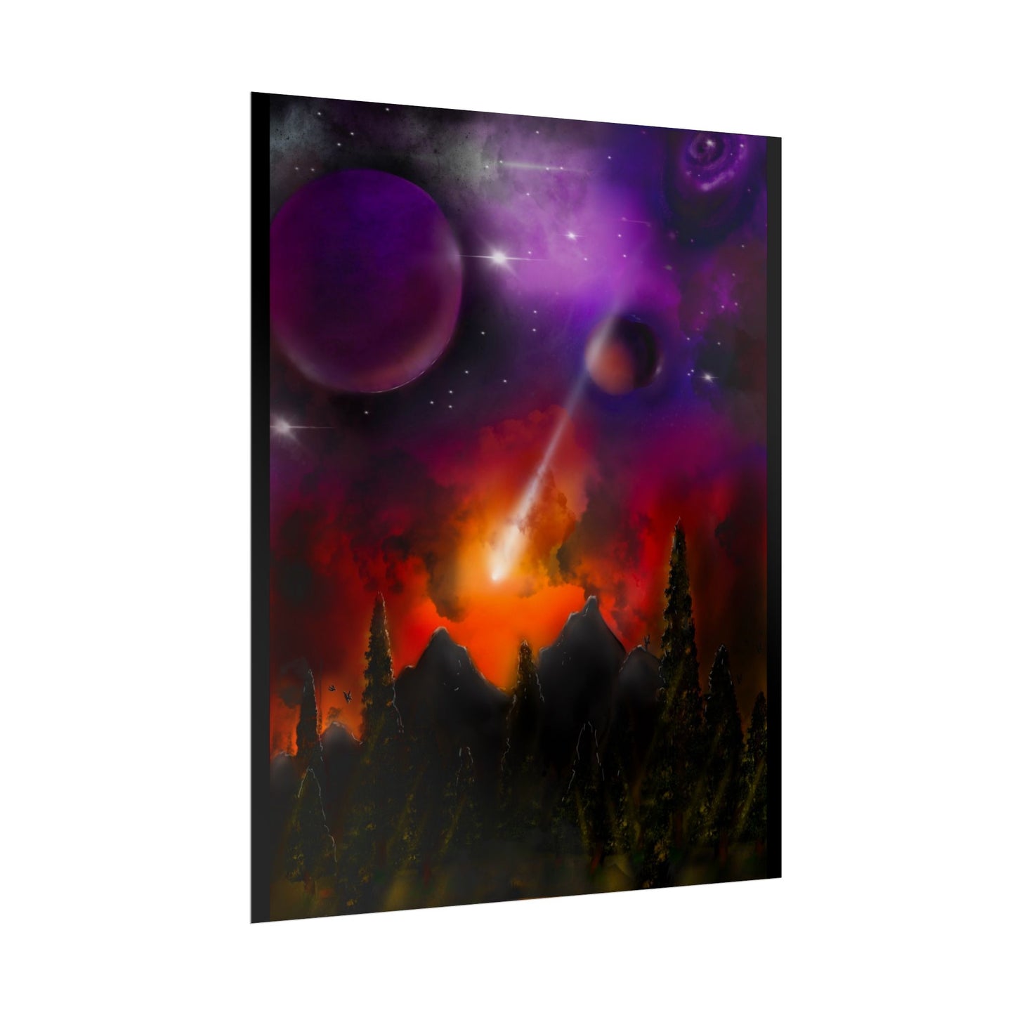 Cosmic Disaster by Darrell Wickline Poster - Purple Nebula, Meteor Shower Landscape Wall Art