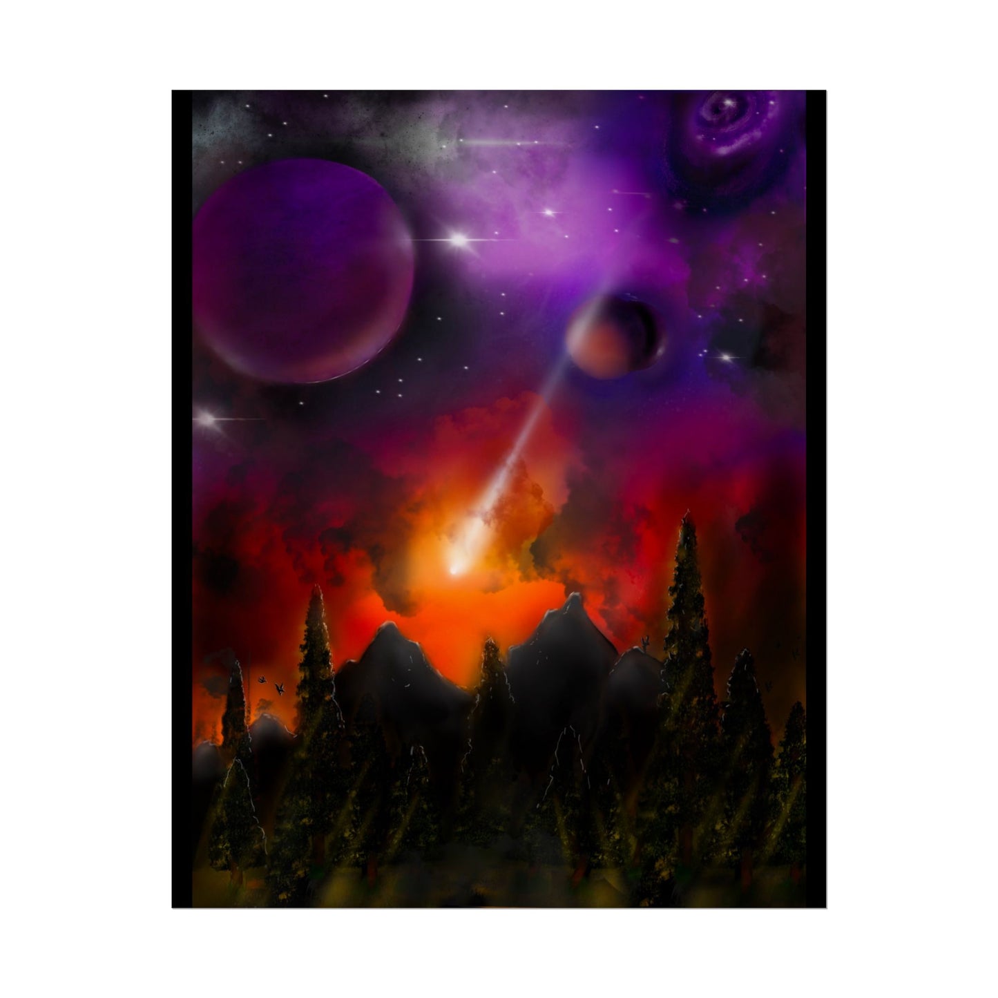 Cosmic Disaster by Darrell Wickline Poster - Purple Nebula, Meteor Shower Landscape Wall Art