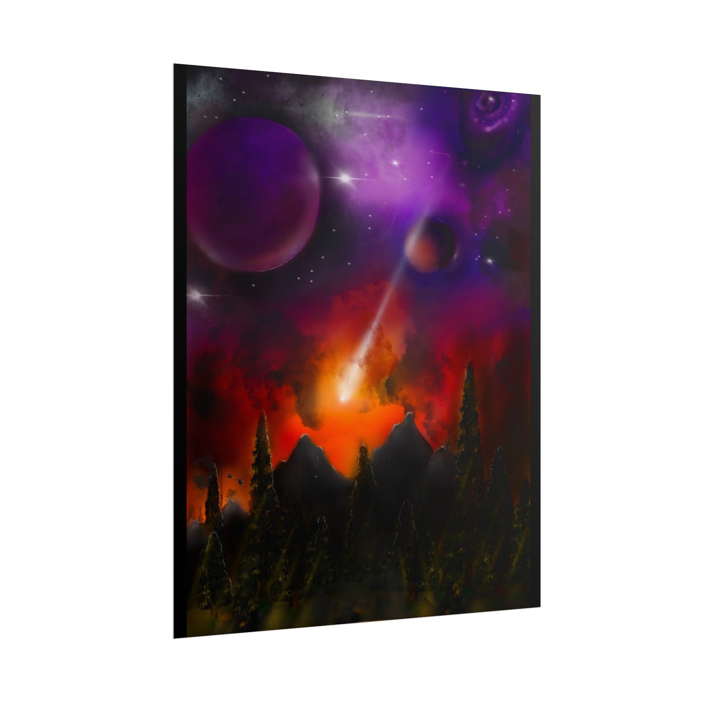 Cosmic Disaster by Darrell Wickline Poster - Purple Nebula, Meteor Shower Landscape Wall Art
