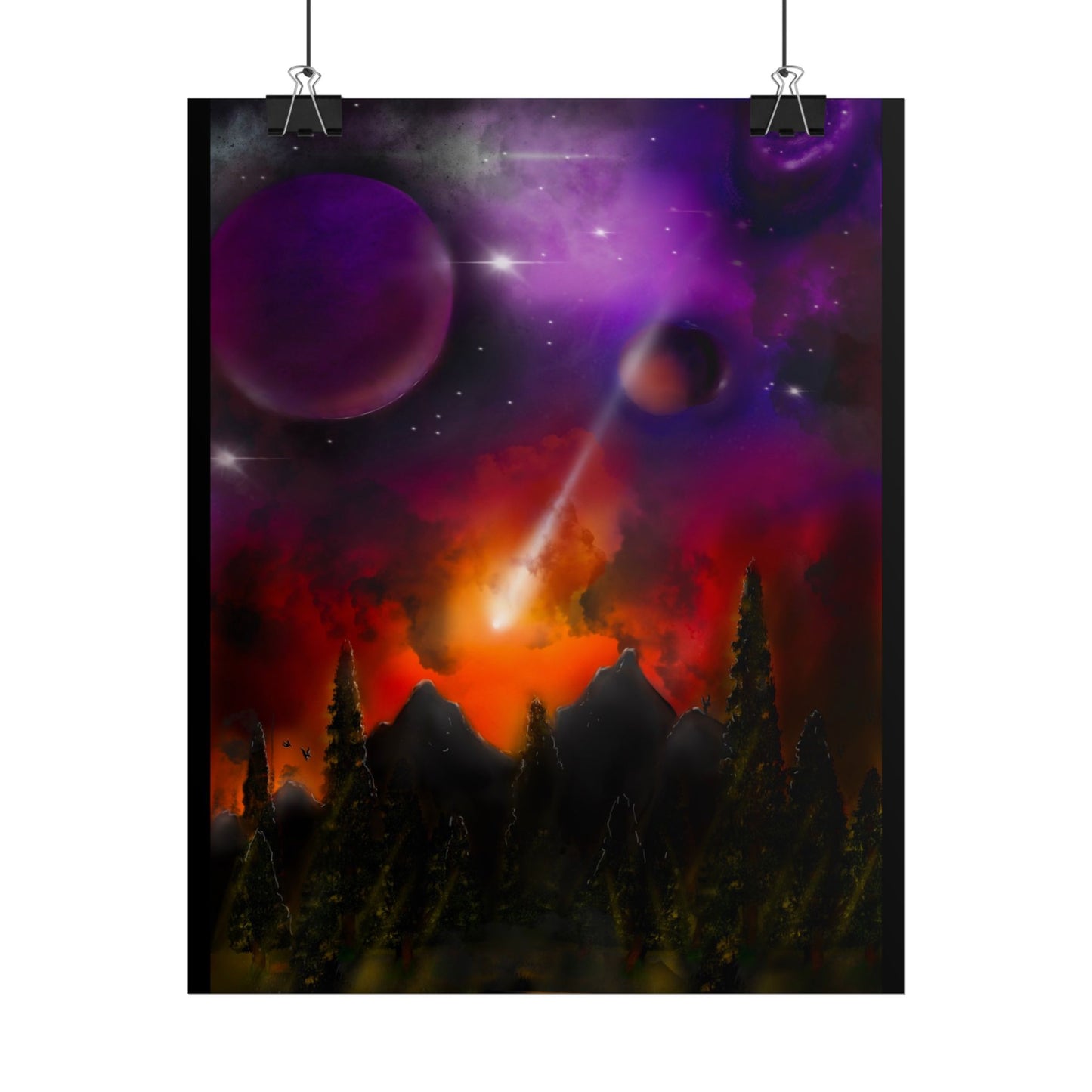 Cosmic Disaster by Darrell Wickline Poster - Purple Nebula, Meteor Shower Landscape Wall Art