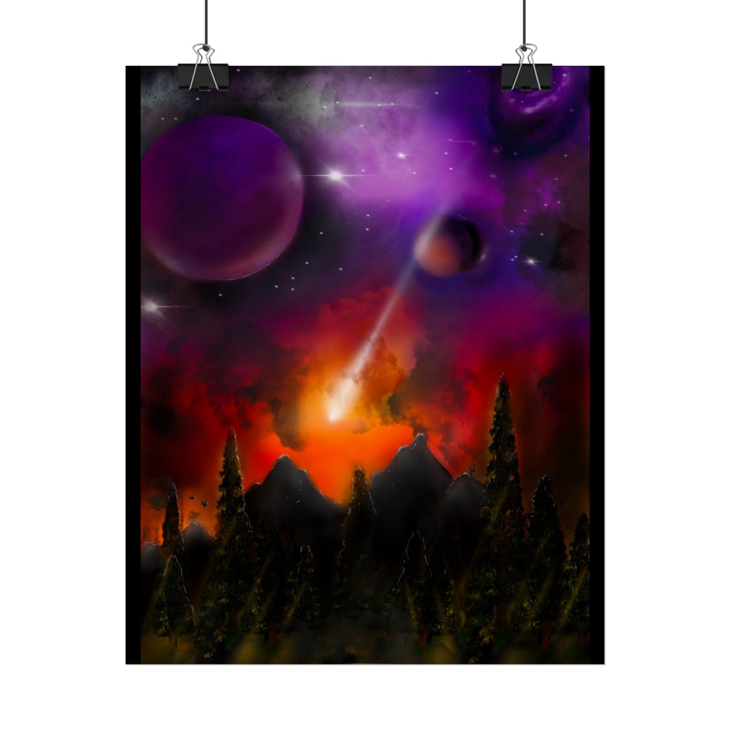 Cosmic Disaster by Darrell Wickline Poster - Purple Nebula, Meteor Shower Landscape Wall Art